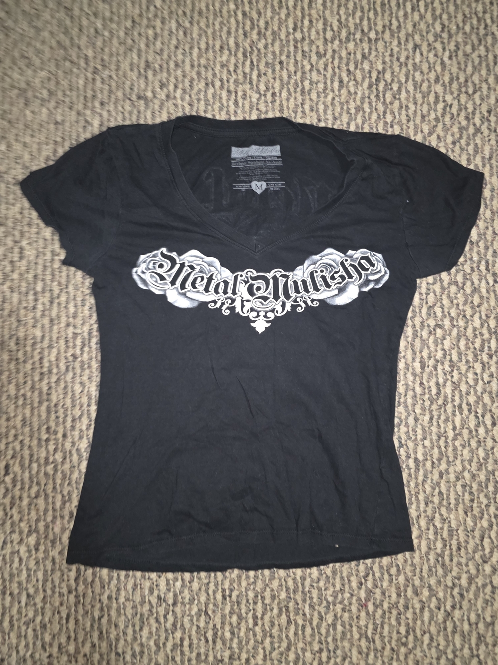 Y2k Metal Mulisha Women's Black V-Neck Tee with White Script Logo